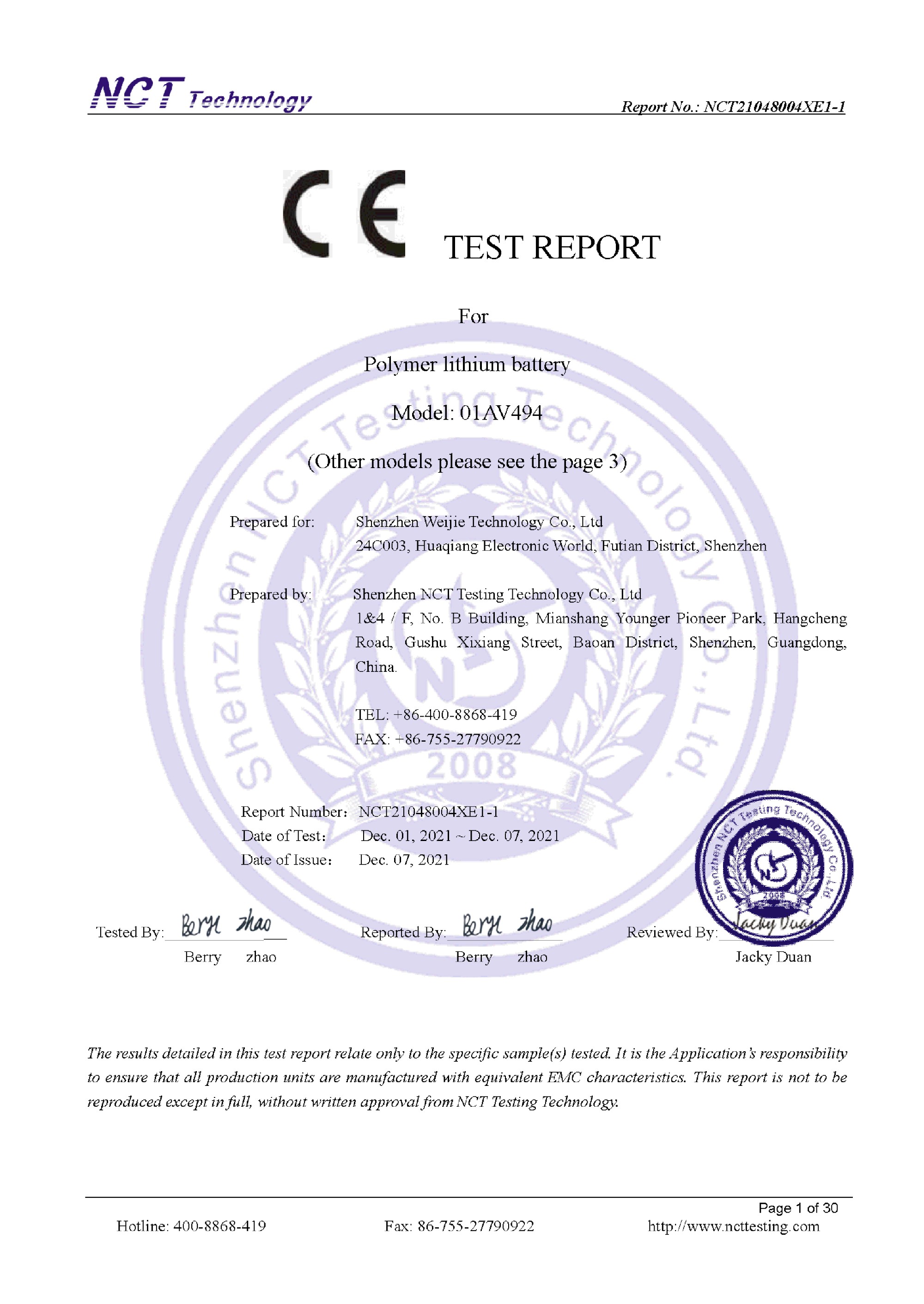NCT21048004X άvic003 01AV494 CE-EMC TEST REPORT